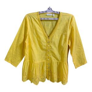 Susan Graver Embroidered Blouse Medium Lemon Yellow Crocheted Boho Cotton Top